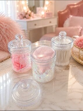 Beauty Set Clear Acrylic Vanity Jars with Lids Hair Ties, Powder Puffs, Q-Tips